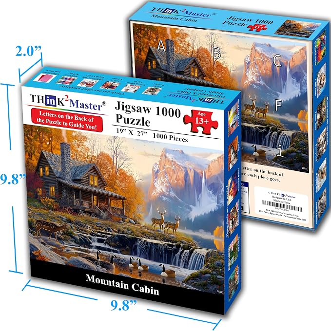 Think2Master Cabin by the Falls 1000 Pieces Large Format Jigsaw Puzzle: 13+, Teens, Adults & Families. Scenic Autumn Mountain Landscape with Log Cabin, Waterfall. Great Gift. Size: 26.8” X 18.9”