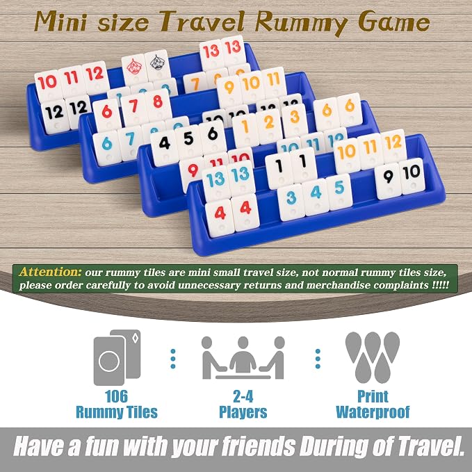 Doublefan Mini Rummy Cube Set, Mini Size Rummy Game with Portable Bag, Small Travel Game for Adult and Kids,106 Tiles, 4 Playing Rack, 1 Dice (2-4 Players)