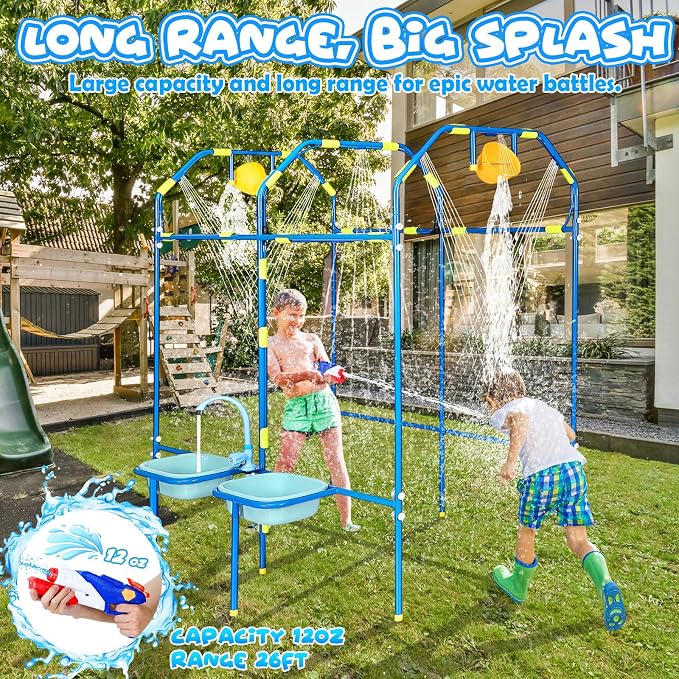 Water Park Sprinkler Toy for Kids, Heavy-Duty Steel Backyard Waterpark Splash Game with Shooting Toys, Splash Buckets, Water Table & Faucets, Water Play Activities Outdoor Summer Fun