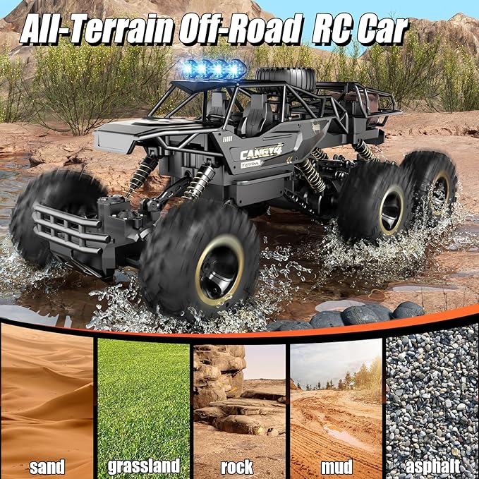Jiakora Large Size RC Cars, Rock Crawler RC Truck with 2 Rechargeable Batteries, 6 Wheel Remote Control Monster Truck, Durable Metal Body & LED Headlights, Boy Toys for 4-7, 8-12 Kids & Adults