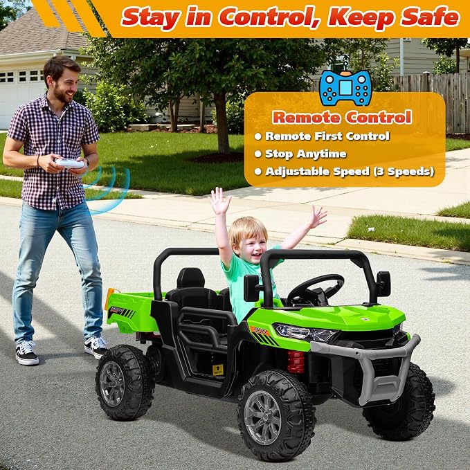Joyracer 4WD 24 Volt Ride on Toys, 800W Ride on Truck for Kids, 2 Seater Power Car Wheels w/Dump Bed & Shovel, Ride on UTV w/Remote Control, Bluetooth, LED Lights,Green