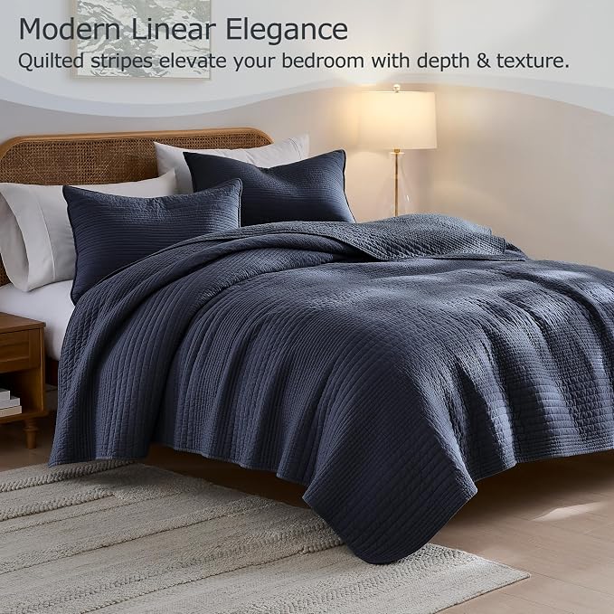 palassio Striped Navy Blue 100% Cotton Quilt King Size Bedding Sets, Lightweight Crinkly Channel Pick Stitch Textured Bedspread Soft Shabby Chic Farmhouse Country Coverlet for All Season, 2 Shams