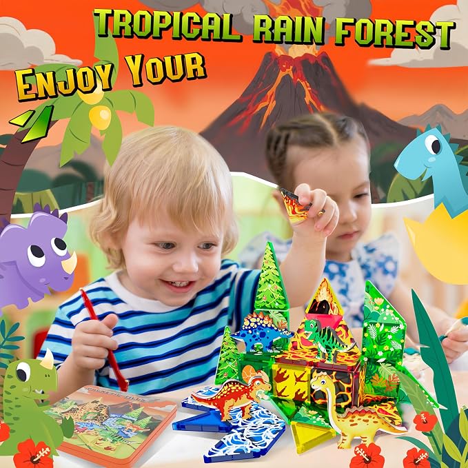 48pcs Mini Magnetic Tiles, Dinosaurs World Building Blocks Set in Iron Case, Portable STEM Travel Toys for Toddlers, Creative Dino World Construction Magnetic Toys for Kids