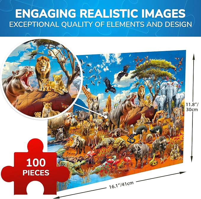 QUOKKA 100 Piece Puzzles for Kids Ages 4-6 – Floor Kids Puzzles Ages 6-8 Year Old – Toy for Learning Africa Animals for 8-10 yo – Jigsaw Toddler Game for Boy and Girl Age 3-5