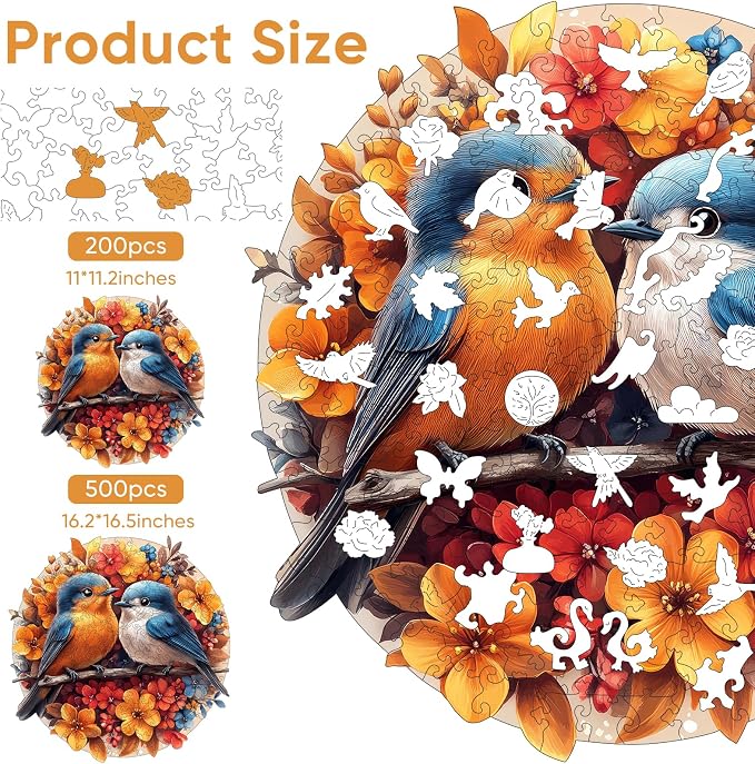 Mys Aurora Wooden Puzzles for Adults, Robin Bird Couple Jigsaw Puzzles 200 Pieces, 11 x 11.2 Inch, Medium, Unique Shaped Round Blue Birds Puzzles for Adults and Kids, Family Game