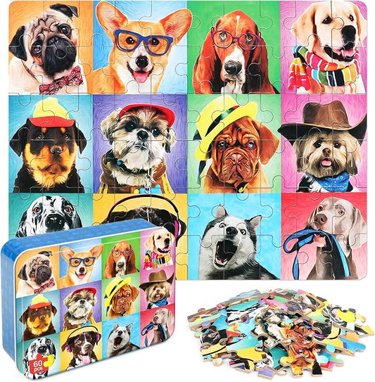 LELEMON Puzzles for Kids Ages 4-6,Dog 60 Piece Puzzles for Kids Ages 4-8,Children Jigsaw Puzzles Kids Puzzles in a Metal Box,Educational Learning Puzzle Toys for Girls and Boys