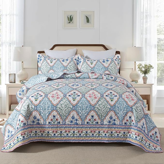 NEWLAKE Quilt Set King Size, Bedspread Sets Elegant Floral, Reversible Quilt Bedding Set Lightweight and Breathable for All Seasons, Soft Quilted Bedspread with 2 Pillow Shams