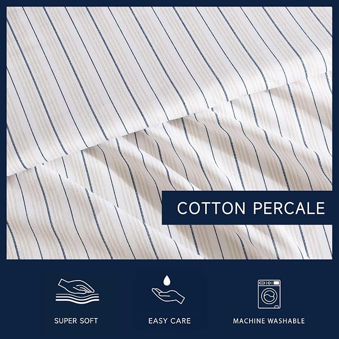 Nautica – Twin XL Size Sheet Set, Crisp Cotton Percale Bedding with Matching Pillowcase, Lightweight & Breathable Bed Sheets, Deep Pocket, College Dorm Room Essentials (Beaux Stripe Beige)
