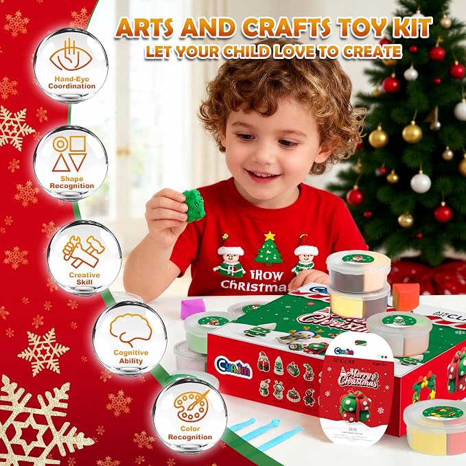 CyaJm Air Dry Clay Christmas Kit - 12 Festive Themed Individual Clay Packs, Non-Toxic Ultra-Light Air Drying Modeling Clay with Tools & Guide, DIY Holiday Craft Gift for Kids Boys Girls Ages 3+