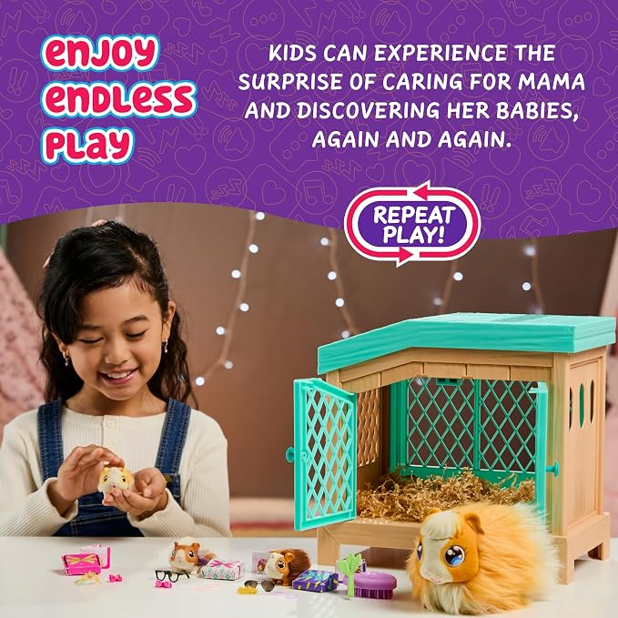 Little Live Pets Mama Surprise Guinea Pig Plush Toy, Interactive Stuffed Guinea Pig Hutch and 3 Babies, Animal Plush with 20+ Sounds, Toys for Ages 4+