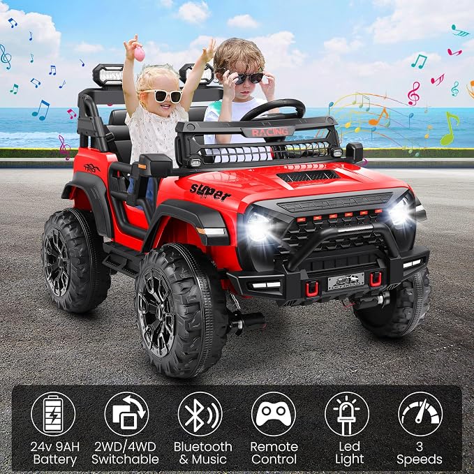 Hikole 2 Seater Ride on Car with Remote Control,24V Battery Powered Electric Truck for Kids,4x100W Motor,LED Headlights,Music Player,Ride on Toy for Big Kids, Red