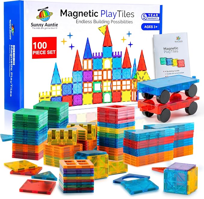 SUNNY AUNTIE Magnetic Tiles 100 PCS with 2 Cars – Magnetic Building Tiles STEM Toy for Kids Ages 3-8, Magnet Construction Set for Boys & Girls