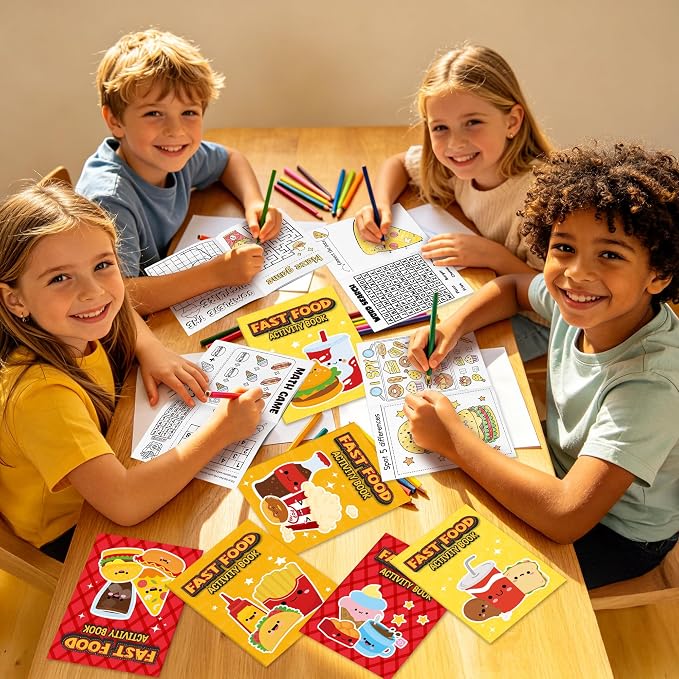 Dvbonike 24Pcs Fast Food Activity Books - Fast Food Mini Fun Games Coloring Book Bulk with Burger Fried Chicken Fries Popcorn Party Favors Goodie Bag Stuffers Classroom Rewards Supplies