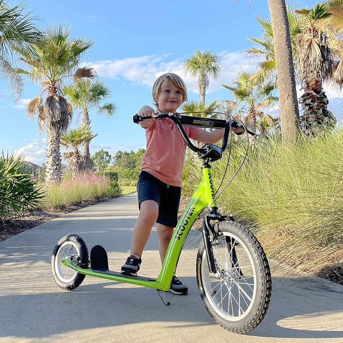 Aosom Youth Scooter Kick Scooter for Kids 5+ with Adjustable Handlebar 16" Front and 12" Rear Dual Brakes Inflatable Wheels