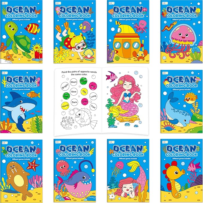 10 Pack Coloring Books for Kids, Ocean Theme Coloring Page with Games, Under the Sea Bulk Mini Coloring Books for Kids, Party Activity, Gifts