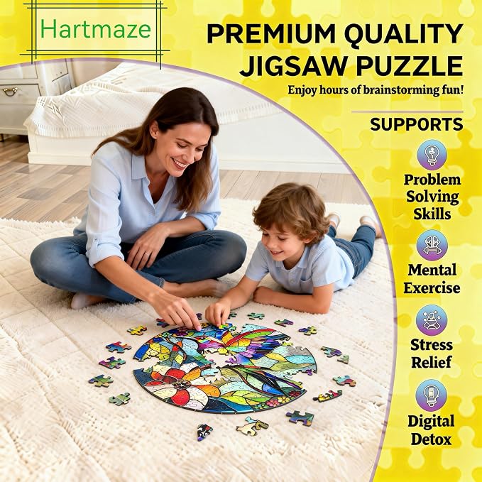 Hartmaze Stained Glass Hummingbird Wooden Puzzle, 178 Intricate Irregular Pieces, 11.2x11.2 Inch, Exquisite Wooden Gift Box – Vibrant Mosaic Art Jigsaw for Adults & Kids 8+