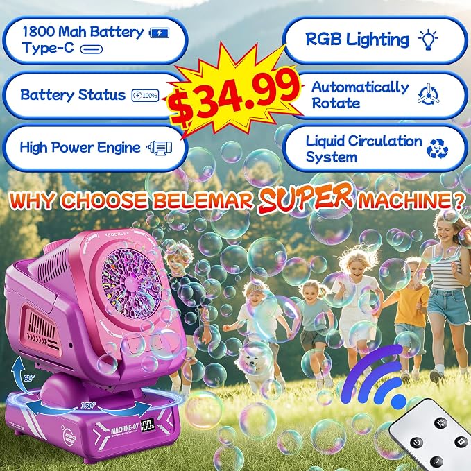 Belemar Upgraded Bubble Machine with Remote Control, Automatic Rotation & RGB Lights, 1800mAh Rechargeable Battery, Type-C Charge, Bubble Maker for Kids, Weddings, Birthday Parties, Outdoor Activities
