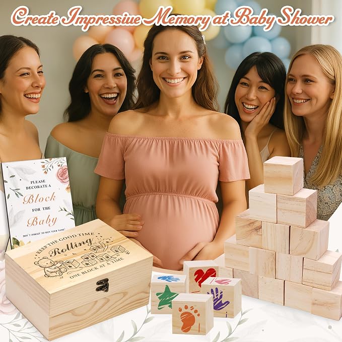 78 PCS Shower Games Sign Kit for Boys Girls, Wooden Box and Sign, Blank Wooden Blocks for DIY Drawing, Markers, Shower Game for Gender Reveal Activity, Shower Ideas Decorations, Bear A