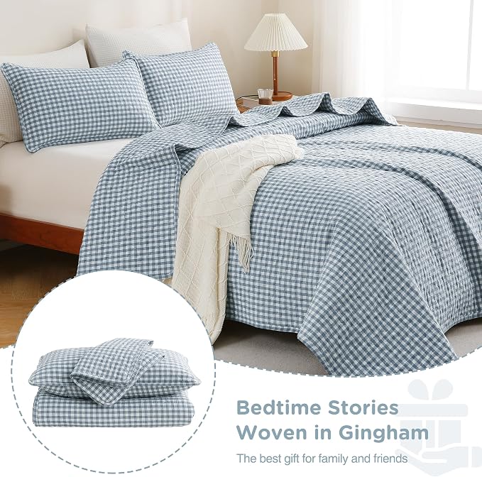 TOCOMOA Blue Gingham Quilt Bedding Set 100% Washed Cotton Bedspread Coverlet Like Linen Feel Soft Comfy Breathable 3 Piece Plaid Checkered Lightweight Comforter Set for All Season, Twin 68"x86"