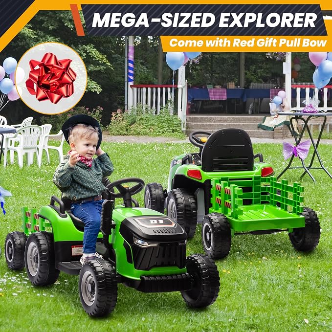 JOYRACER 24V Ride On Toys for Kids, Electric Ride on Tractor w/400W Motors, Tiltable & Detachable Trailer, Adjustable Seat, Bluetooth, Music, Remote Control Tractor Toys for Kids Ages 3+, Green
