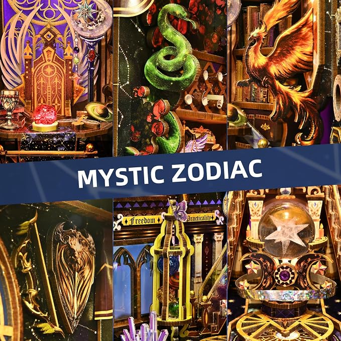 Book Nook DIY Kit for Adults, 3D Wooden Puzzle with LED,Bookend Bookshelf Decoration,Miniature Dollhouse for Home Decor,Mystic Zodiac