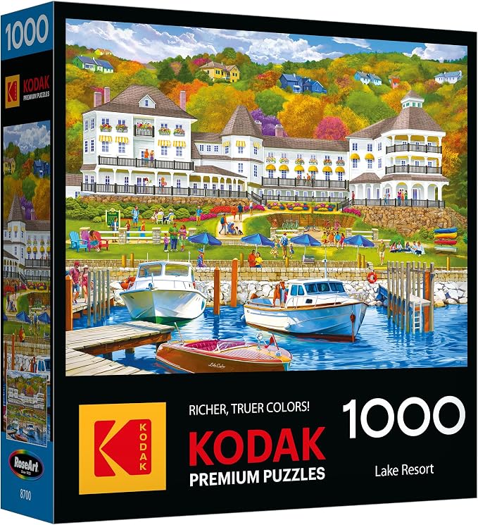 RoseArt - Kodak Premium - 1000 Piece Jigsaw Puzzle for Adults– Lakeside Resort – Peaceful Waterfront Hotel & Boats Scene – Bright, Detailed Artwork – 26.625 x 19.25 Inches