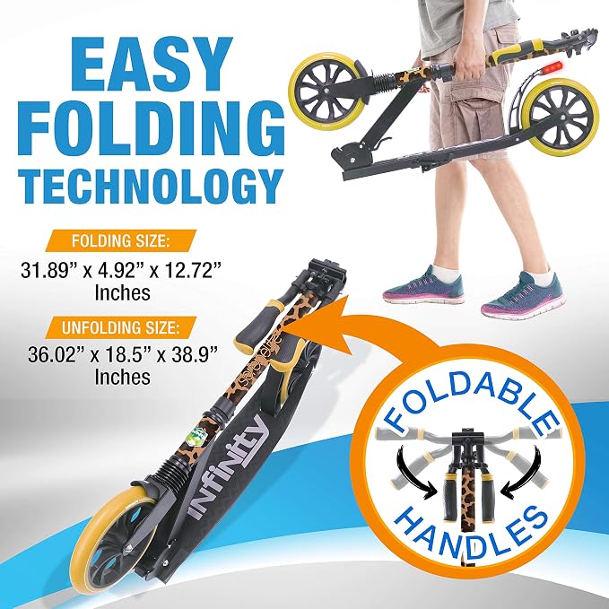 SereneLife Kick Scooter Adult Teenagers Kids- 2 Wheel Kids Scooter with Adjustable T-Bar Handlebar - Alloy Anti-Slip Deck - Portable Folding Scooters for Kids with Carrying Strap - Leopard