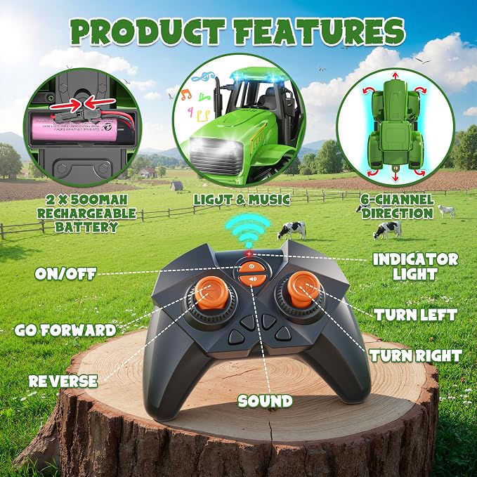 Funwee RC Farm Tractor Toy w/Light & Music, Kids Truck Toy w/Front Loader & Farm Animal, 2.4GHz RC Tractor Trailer for Boys & Girls, Toddler Vehicle Car Playset Age 3-8+ Year Old Gifts (Bright Green)