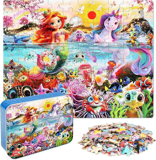 MZZOTOY Mermaid Unicorn Puzzles for Kids Ages 4-8, 100 Pieces Jigsaw Puzzles for Kids Ages 3-5 Puzzle for Girls and Boys Learning Educational Puzzles Toys in a Metal Box