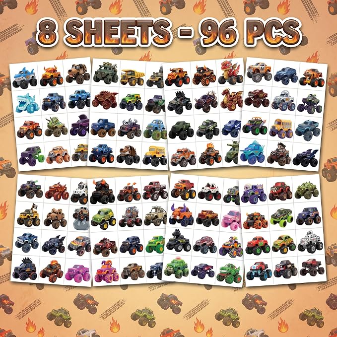 Monster Truck Temporary Tattoos for Kids - 96 Pcs Pre-Cut 3D Cute | Art Style Tattoos, 8 Sheets Dinosaur & Shark Truck Stickers for Boys Birthday Party Favors, Goodie Bag Stuffers, Rewards