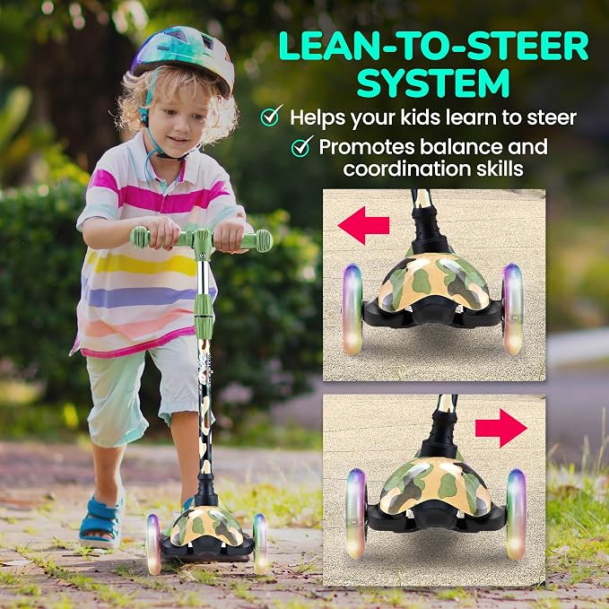 Hurtle Mini Kickboard 3 Wheel Scooter for Kids Ages 2-5 - Lean-to-Steer Toddler Scooter with Light-up LED Wheels, Adjustable Height & Rear Foot Brake for Boys. & Girls, Anti-Slip, Indoor/Outdoor