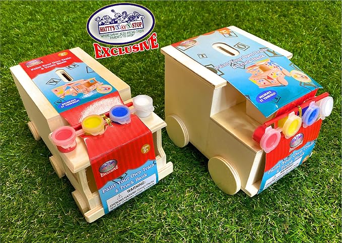 Mɑtty's Toy Stop Design & Paint Your Own Wooden Train & Truck Banks (Each Includes 4 Paints & 1 Brush) Gift Set Bundle - 2 Pack