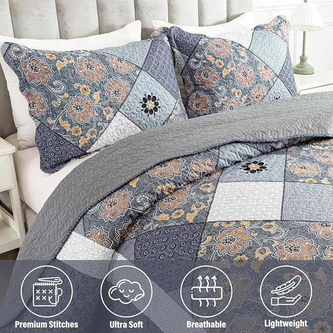 NEWLAKE Quilt Set King Size, Bedspread Sets Delicate Square Floral, Quilt Bedding Set Lightweight and Breathable for All Seasons, Soft Quilted Bedspread with 2 Pillow Shams