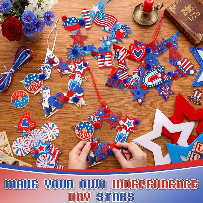 704 Pcs 4th of July Wreath Craft Kit Patriotic DIY Craft Kit Red White Blue Wreath Hanging Ornament with Star Hat Felt Sticker for Memorial Independence 250th Anniversary Party Activities Decor