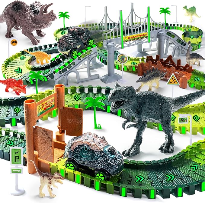 268 PCS Race Tracks Dinosaur Toys for Kids 3-5, Glow in The Dark Magic Toy Set, 2 Dinosaur Cars Track, Flexible DIY Track Set, Birthday Gift for Age 3-9 Boys Toddler Girls