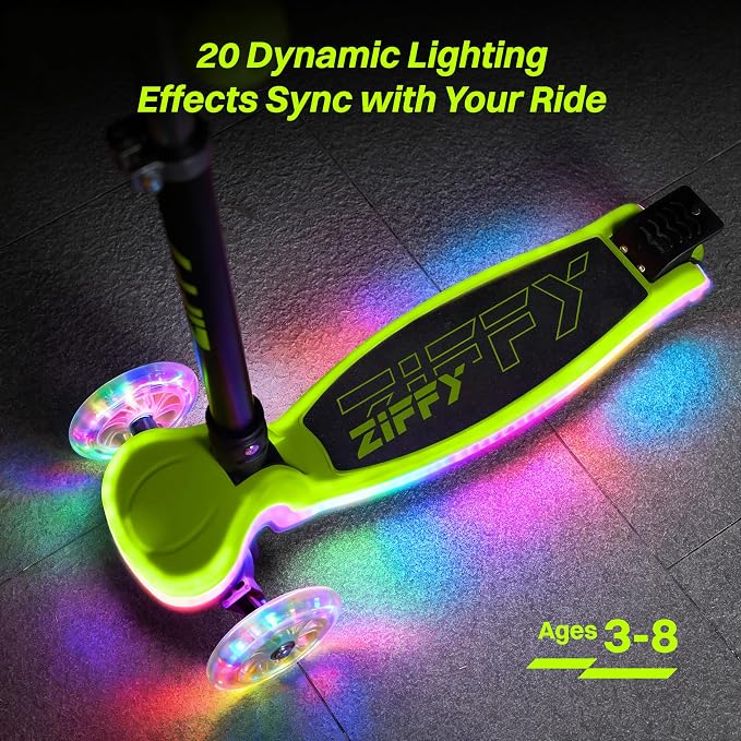 JOVA ZIFFY Light-Up Toddler Scooters for Kids 3-8, 3 Wheel Kids Scooter for Boy Girl 110lbs, 20 Dynamic LED Lights, 4 Adjustable Height Ride-on Kick Scooter, Lean-to-Steer Anti-Slip Wide Deck