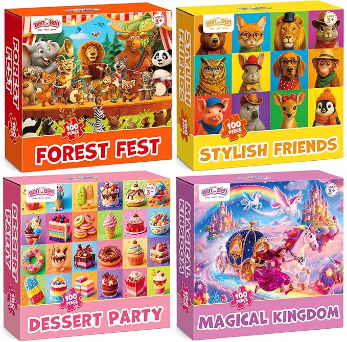 BenBen Puzzles for Kids Ages 4-6, 4 Pack 100 Pieces Jigsaw Puzzles for Toddlers 3-5, (Unicorn Priness, Animals Portrait, Dessert, Forest Fest), Learning Educational Games for Kids 6-8, 15.75” x 11.75”