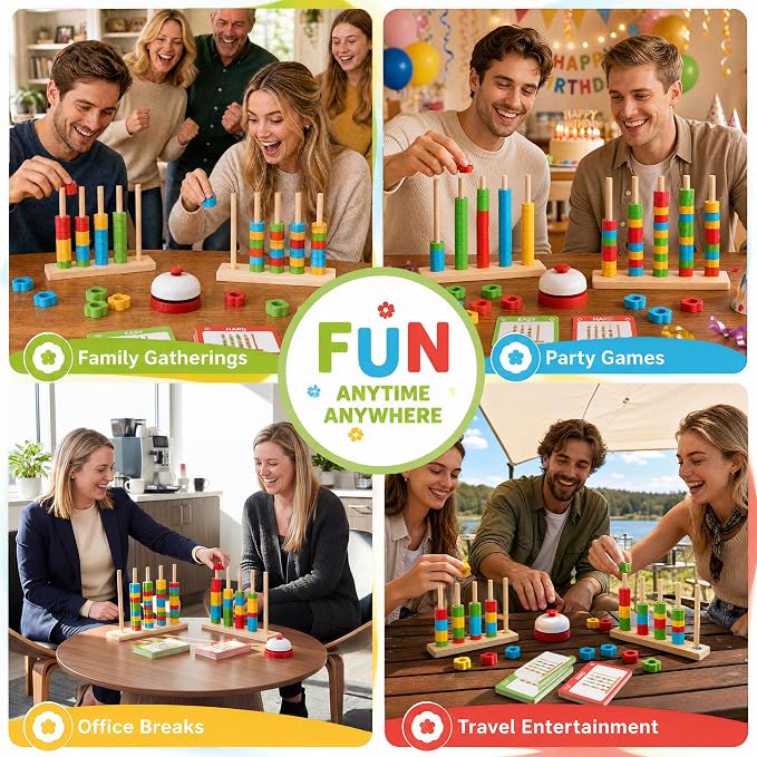 Color Stack Challenge Game for Teens & Adults, Wooden Fast-Paced Color Matching Puzzle Board Game with 2 Rotating Racks, 80 Ring, 50 Challenge Cards & Bell, Competitive Brain Teaser Party Game