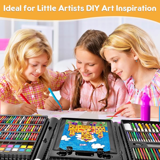 Art Supplies 332 Piece Drawing Art Kit Gifts for Girls Boys Kids Teens Gifts Art Set Case with Double Sided Trifold Easel, Stickers, Sketch Paper, Coloring Book, Pastels, Crayons, Pencils (Black)