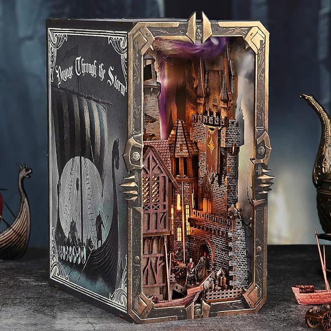 fifijoy Viking Book Nook Kit - DIY Miniature House Dollhouse Kit for Adults Teens, Booknook Tiny House Bookshelf Insert Decor 3D Wooden Puzzle, Gifts for Family, Friends (Voyage Through the Storm)