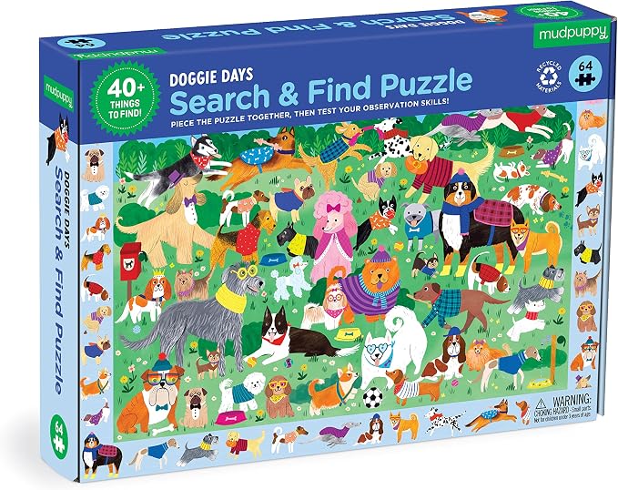 Mudpuppy Doggie Days — 64 Piece Search & Find Puzzle Jigsaw Puzzle Featuring A Variety of Dogs and Puppies and Over 40 Hidden Images to Find for Ages 4+