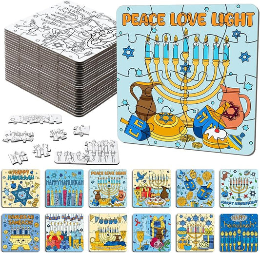 Realspring 24 Pack Hanukkah Color Your Own Jigsaw Puzzles for Kids 3-5, 4-6, 6-8, Coloring Crafts DIY Paper Puzzles Party Favors Gifts for Toddler Children Learning Education Toys