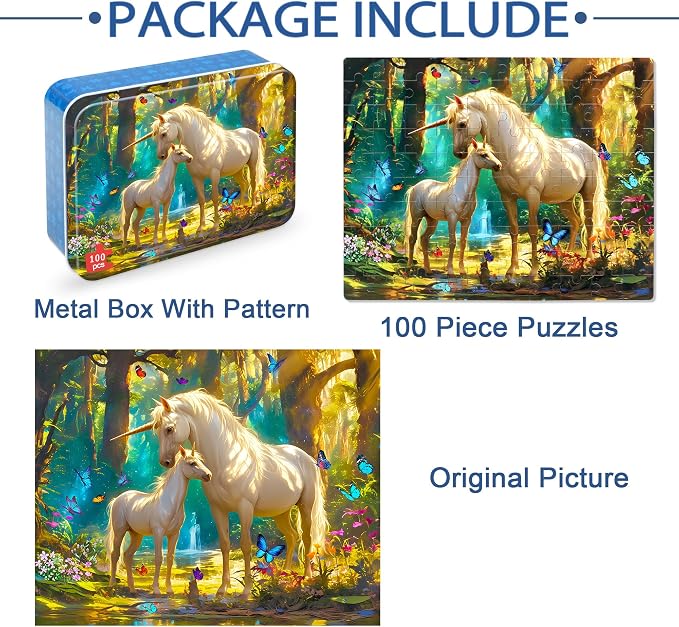 LELEMON Puzzles for Kids Ages 4-6,Unicorn 100 Piece Puzzles for Kids Ages 4-8 in a Metal Box,Educational Jigsaw Puzzles 100 Piece Puzzle Games Puzzle Toys for Girls and Boys
