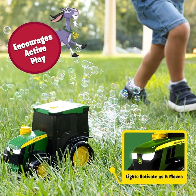 John Deere Bubble N Go Tractor, Battery Powered Bubble Blowing Toy with Real Headlights and Smart Motion Sensors
