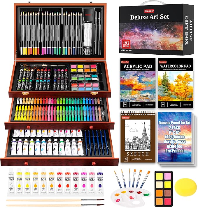 Soucolor Art Supplies, 192-Pack Deluxe Art Set Drawing Painting Supplies Kit with Acrylic Pad, Watercolor Pad, Sketch Book, Canvases, Acrylic Paint, Crayons, Pencils, Gifts for Artist Adults Teen Kids