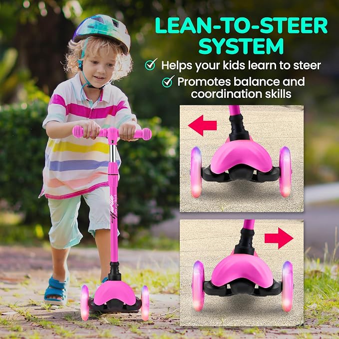 Hurtle Mini Kickboard Scooter for Kids - Height Adjustable 25''-28'', Lightweight 3-Wheel with LED Light-up Wheels, Anti-Slip,Indoor/Outdoor Fun, Micro Scooters for Ages 2-5 (Pink)