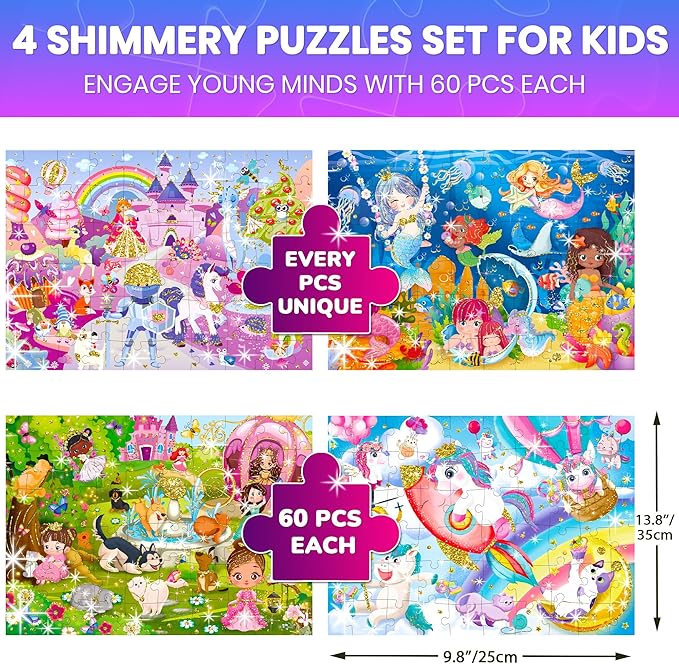 QUOKKA Puzzles for Kids Ages 4-6 - Set of 4x60 Jigsaw Puzzles for Toddlers 3-5 - Glitter Unicorn Princess Animals Toys for Children 6-8 yo - Gift Educational Game for Boys & Girls