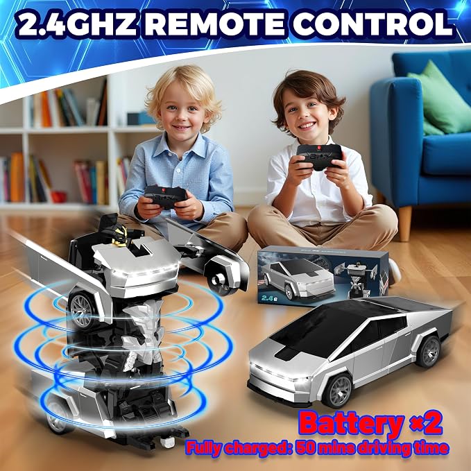 Transform RC Cyber Pickup Truck Cars Robot Toy for Kids, 2.4GHz Remote Control Car with One-Button Deformation 360° Rotation LED Lights Birthday Gifts for Boys Age 4-7-8-12（1:18 Scale）