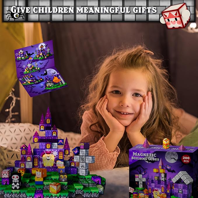 Drofex 200pcs Castle Magnetic Building Blocks for Kids, Mysterious Night Magnet Cubes STEM Construction Toys for Boys and Girls Age, 0.8in Magnetic Building Set Gift