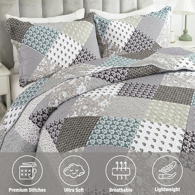 NEWLAKE Quilt Set King Size, Bedspread Sets Light Grey Square, Reversible Quilt Bedding Set Lightweight and Breathable for All Seasons, Soft Quilted Bedspread with 2 Pillow Shams